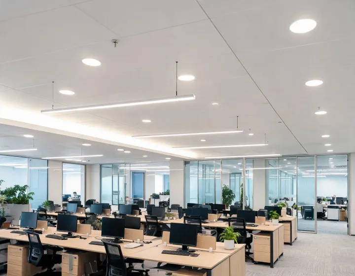 Commercial office with coordinated linear and recessed lighting